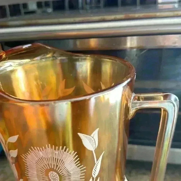 Jeanette Marigold Carnival Glass Pitcher White flowers  Iridescent Peach… - Picture 5 of 5